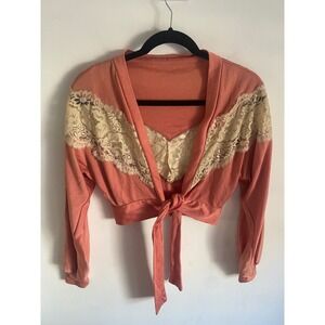 Joy Stevens California Pink Lace Trim Cropped Tie Front Cardigan Sweater Top